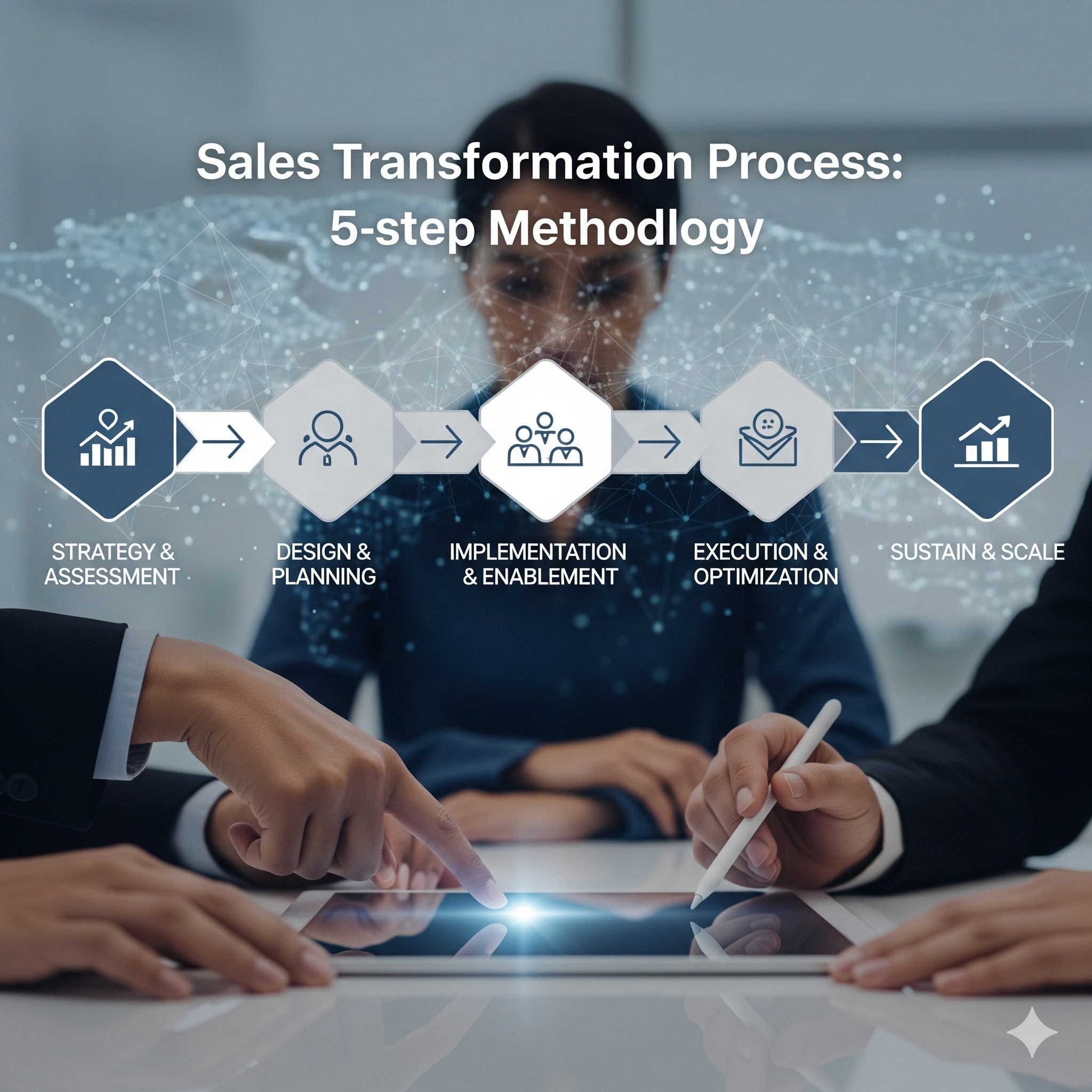 Sales Transformation Process: 5-step methodology showing Strategy & Assessment, Design & Planning, Implementation & Enablement, Execution & Optimization, and Sustain & Scale